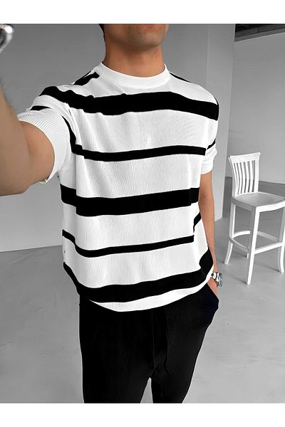 ablukaonline Ανδρικό πλεκτό μπλουζάκι εκρού Oversize