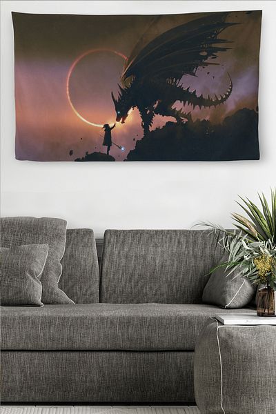 Lasirius Tapiserie de perete Fată care își întinde mâna către Dragon Tapiserie de perete din pânză de calitate