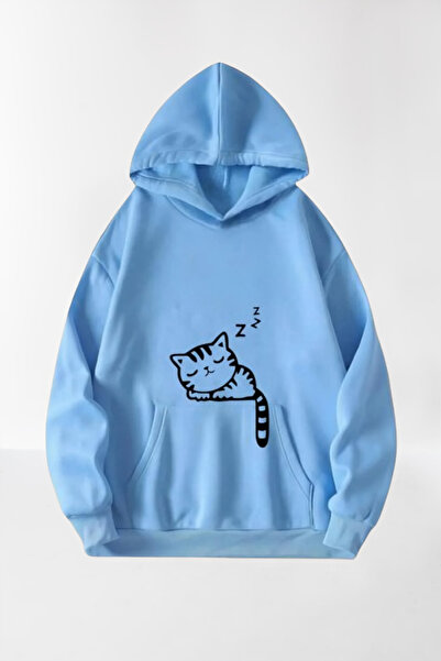 HOFFNUNG سويت شيرت بقلنسوة كبير الحجم مطبوع عليه قطة نعسان للجنسين