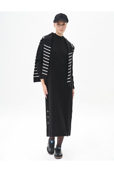 Kayra Black Knitwear Dress - Button Detailed