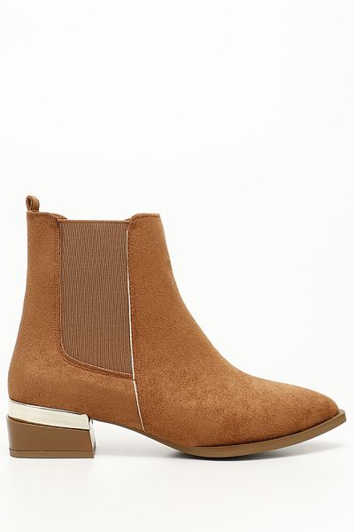 GÖNDERİ(R) Women's / Girls' Tan Suede Zippered Pointed Toe Chunky Heeled Chelsea Boots