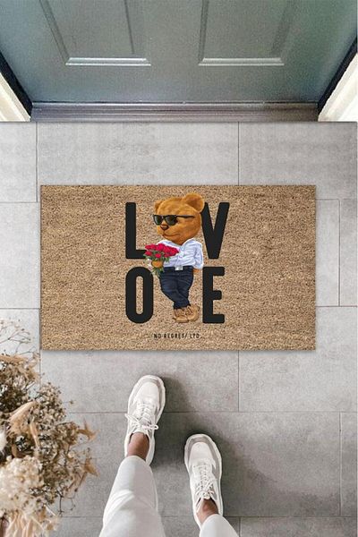 Lasirius Beige Door Mat Red Roses Teddy Bear Pattern