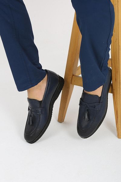 CassidoShoes Navy Blue Men's Classic Shoes - Staple Patterned, Tassel Detailed, Eva Sole, 023-666