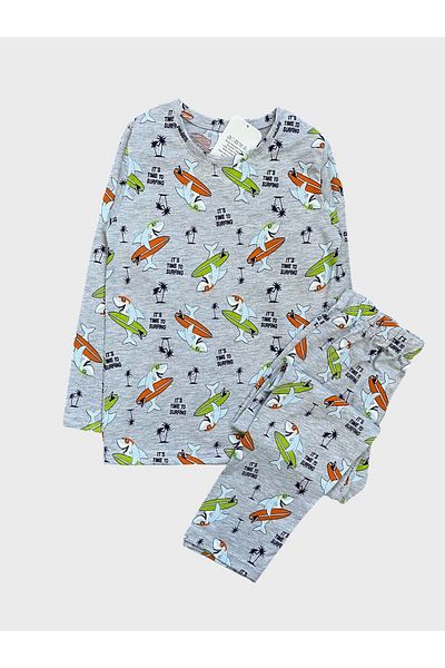 Şımarık Boy's Cotton Shark Surf Patterned Gray Long Sleeve Seasonal Pajamas Set