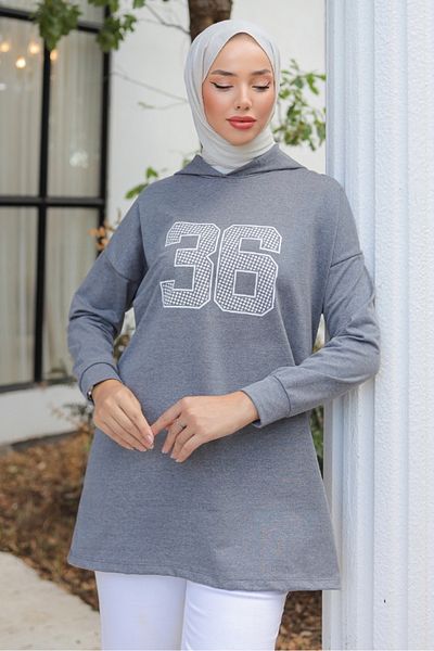 Bestenur Hooded Printed Hijab Tunic 1214 - Dark Gray