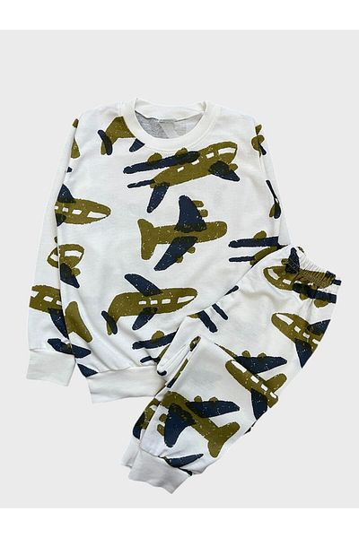 Fil Kids Boy's Cotton White Green Airplane Patterned Long Sleeve Seasonal Pajamas Set