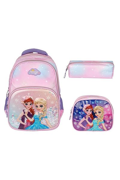 Relaxion Set de 3 figurine și paiete pentru fete - Rucsac pentru școală primară în relief cu prânz și suport pentru stilou RLX1370