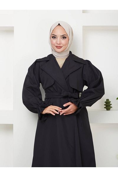 MY QILAM 10Numaramoda Women's Waist Tie Balloon Sleeve Crowace Collar Cotton Waterproof Long (120cm) Trench Coat