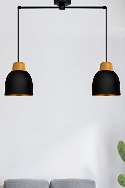 Bamyum İkili Deep Siyah Geniş Ahşap Başlık Avize Sarkıt Salon Mutfak Butik Lamba Aydınlatma Avizeler