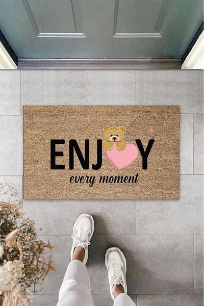 Lasirius Beige Door Mat Enjoy Ever Moment Teddy Bear Pattern