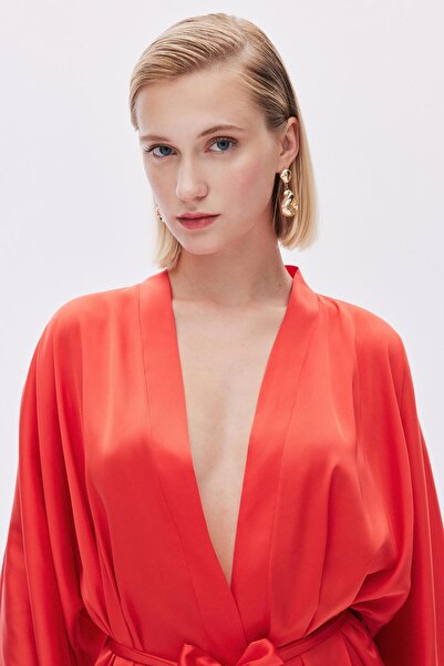 Feu De Elu Pomegranate Flower Patterned Short Satin Dressing Gown / Kimono