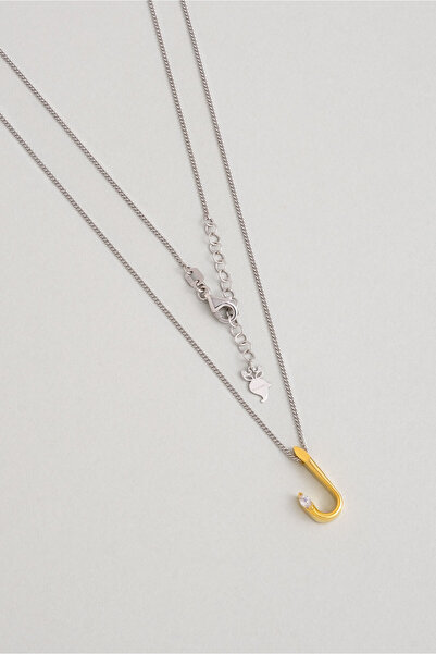 So CHIC... Asimetrik J Harfi 18 Ayar Beyaz ve Sarı Altın Kaplama 45 Cm Gümüş Harfli Kolye