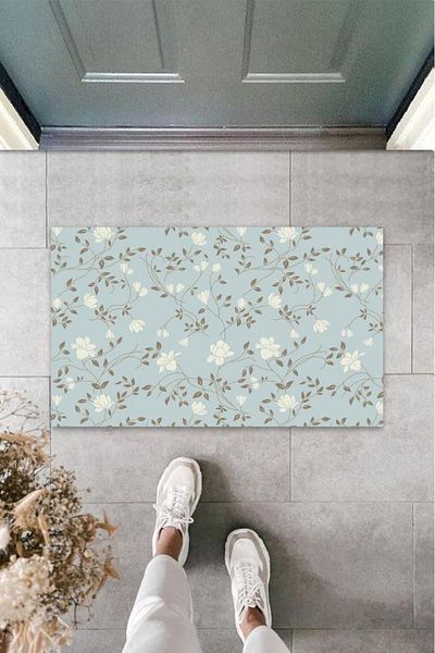 GLOBELUX Digital Printing Light Blue Multiple Flower Door Mat