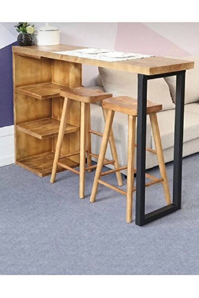 mywoodteks Ahşap Bar Masası - 2 Bar Tabureli, Çok Amaçlı Raflı Mutfak ve Otur...