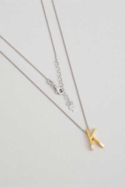 So CHIC... Asimetrik K Harfi 18 Ayar Beyaz ve Sarı Altın Kaplama 45 Cm Gümüş ...