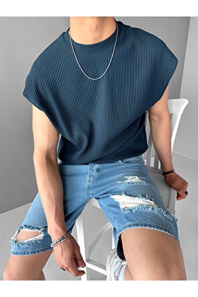 ablukaonline Erkek Oversize Fitilli Kolsuz T-shirt Petrol Mavi