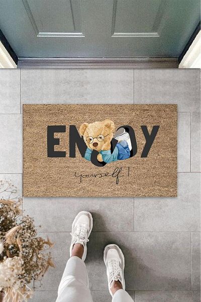 Lasirius Beige Door Mat Enjoy Yourself Teddy Bear Pattern