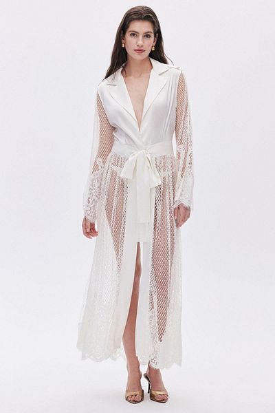 Feu De Elu Ecru Satin Dressing Gown - LongKimonowithCallaLily Pattern and Lace Detail
