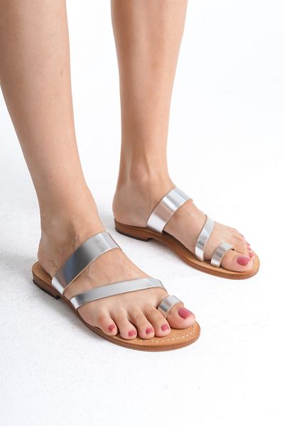 AuthenticSandals Genuine Leather Silver Women's Slippers - K5011