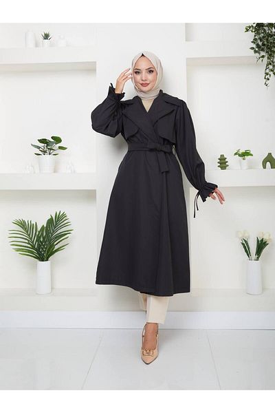MY QILAM 10Numaramoda Women's Waist Tie Balloon Sleeve Crowace Collar Cotton Waterproof Long (120cm) Trench Coat