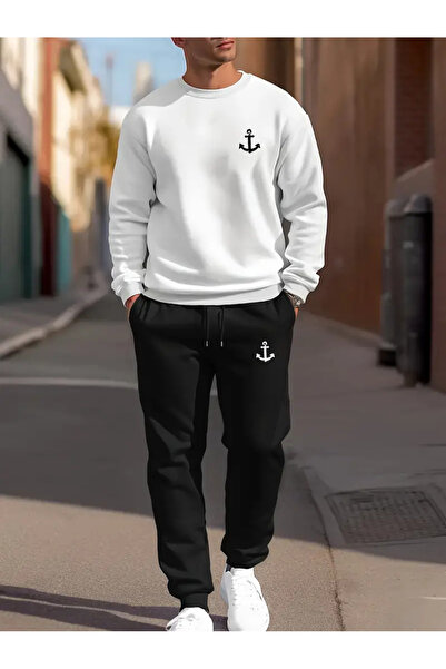 PAVRO Oversize Hooded Anchor Printed Tracksuit Set - Crew Neck Sweatshirt and...