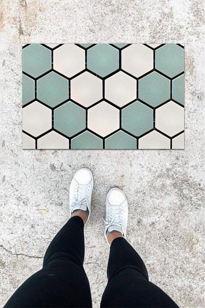 Anılfashion Blue Honeycomb Patterned Digital Printed Door Mat - K-1059