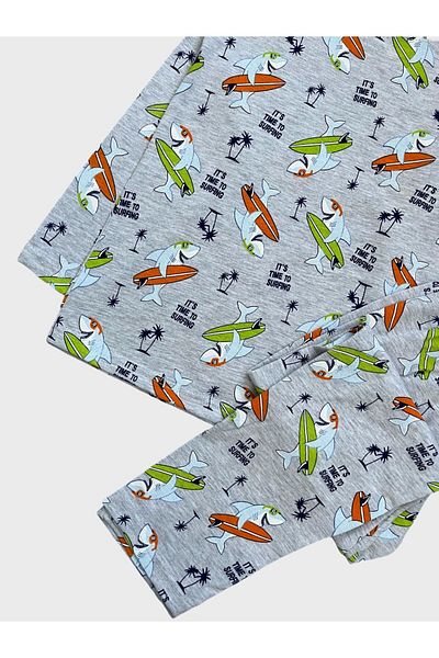 Şımarık Boy's Cotton Shark Surf Patterned Gray Long Sleeve Seasonal Pajamas Set