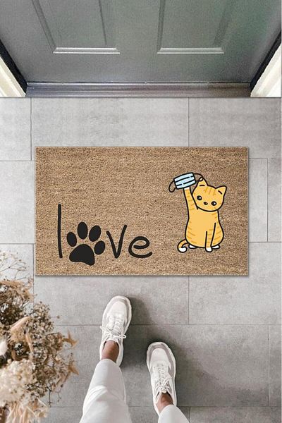 GLOBELUX Digital Printing Brown Paw Love Written Masked Cat Decorative Door Mat K-2010