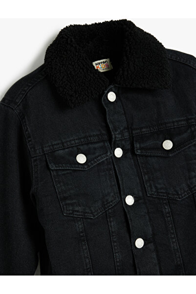 Koton Bavlněná džínová bunda s dlouhým rukávem - plyš a detail kapsy