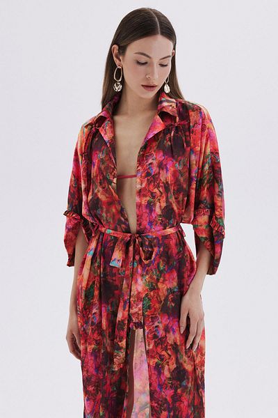 Feu De Elu Long Satin Dressing Gown -SeillePatterned Kimono