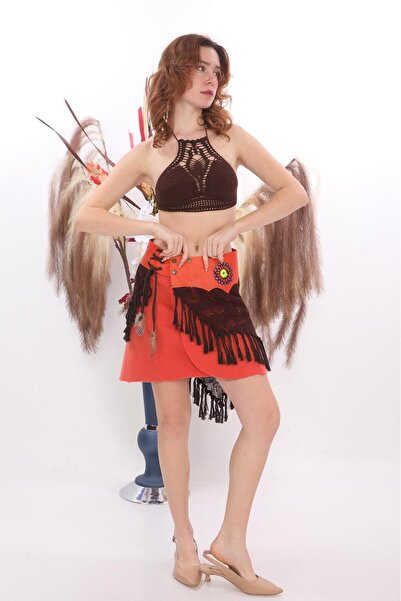 Bohem Stil Özel Tasarım Boho Örgülü Detaylı Geniş Hakiki Deri Kemer- Etek