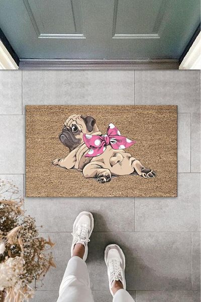 Lasirius Digital Printing Brown Pink Bow Prone Dog Decorative Door Mat