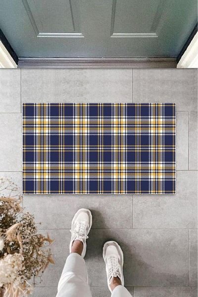 GLOBELUX Decorative Digital Gingham Navy Blue Door Mat Outdoor Door Mat K-3063