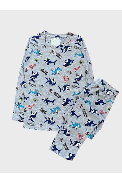 Şımarık Boy's Cotton Shark Piranha Patterned Gray Long Sleeve Seasonal Pajamas Set