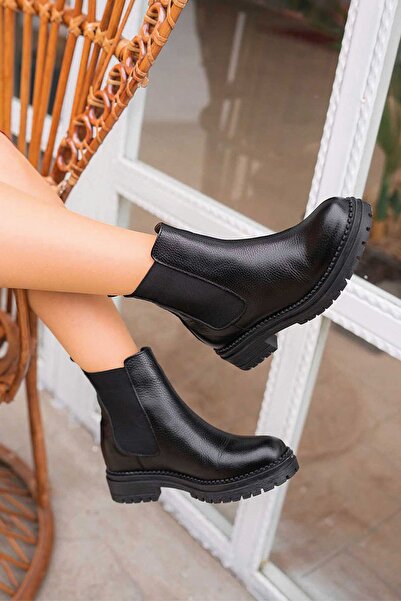 Parponi Tiffany Elastic Genuine Leather Women's Boots Black