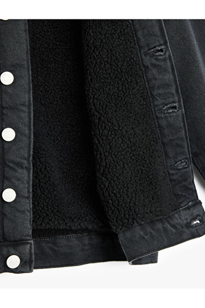 Koton Bavlněná džínová bunda s dlouhým rukávem - plyš a detail kapsy