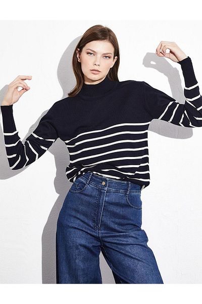 Kayra Turtleneck Striped Knitwear Blouse Navy Blue Ecru