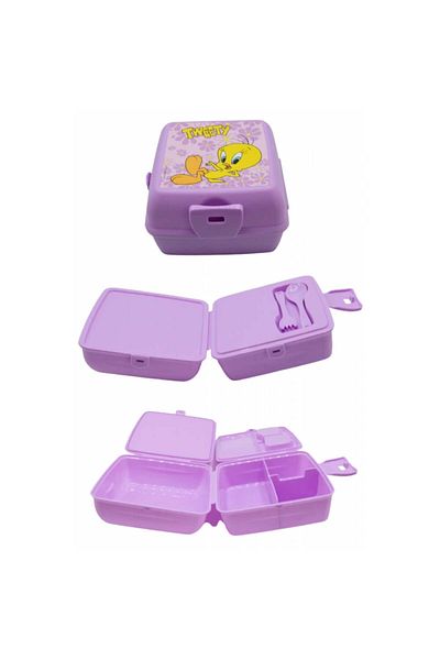 Piev Lilac Tweety Feeding Bowl - 2 Compartments, Lock and Fork Spoon