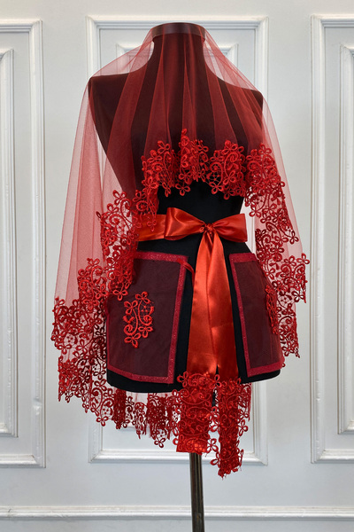 ZEYMERADE Kırmızı Gelin Duvak Seti, Güpürlü Ve İnci Süslemeli Kına Gecesi Duv...