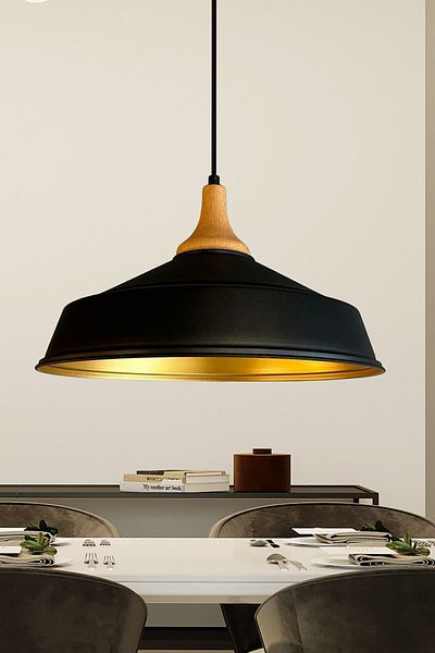 Bamyum Black Wooden Inverted Mushroom - Single Chandelier Retro Pendant Lamp Office Showroom Living Room Kitchen Chandeliers