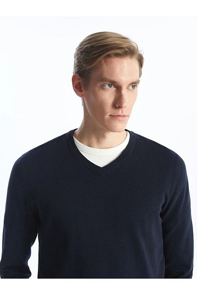 LC Waikiki Ανδρικό πλεκτό πουλόβερ LCWAIKIKI Classic Navy με λαιμόκοψη V με μακρύ μανίκι