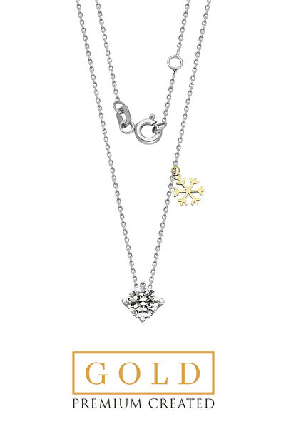 So CHIC... Beyaz Altın Sertifikalı Premium Created Taşlı Kar Tanesi Figürlü Tektaş Kolye