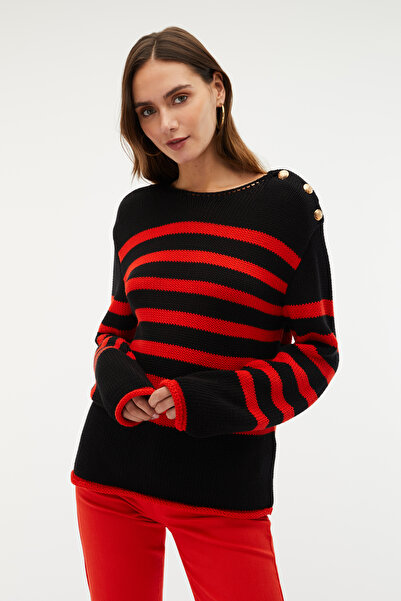 Mudo Striped Cycling Neck Button Detailed Sweater