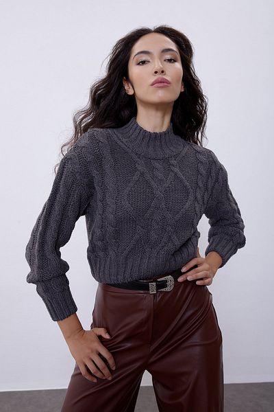 SHERIN Pulover scurt tricotat cu model antracit
