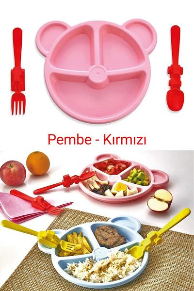 lawrenceshop Pink Compartmented Serving Food Plate with Red Fork Spoon Set - 6 Weeks Warranty Against Hard Plastic Material