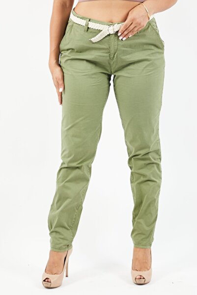 Esprit Women Regular Fit Plain Belted Chino Pants, Light Green