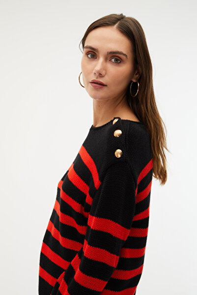 Mudo Striped Cycling Neck Button Detailed Sweater