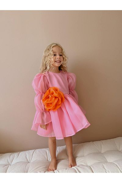 Linola Baby Kids Pink Chiffon Rose Detailed Girl's Party Dress - Rosem