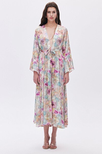 Feu De Elu Rochie lungă din satin - Kimono cu model Marguerite