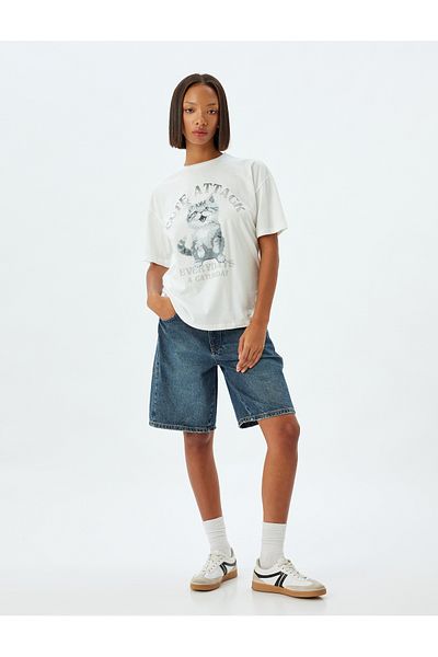 Koton Cat Printed Oversize Cotton T-Shirt - Crew Neck, Short Sleeve
